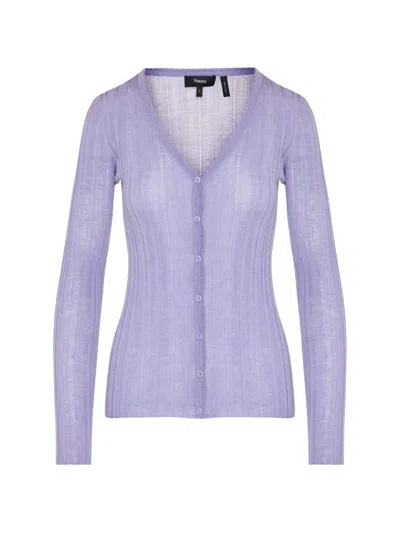 Theory Ribbed-knit V-neck Cardigan In Purple