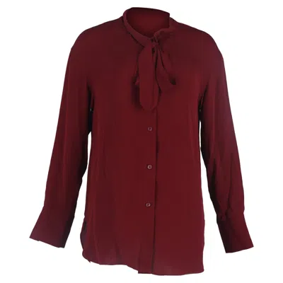 Theory Ribbon Detail Buttoned Long Sleeve Blouse In Maroon Silk In Multi