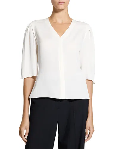 Theory Round Sleeve Silk Button-up Top In White
