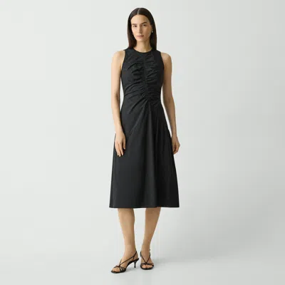 Theory Ruched Asymmetrical Midi Dress In Cotton-blend In Black