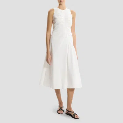 Theory Ruched Asymmetrical Midi Dress In Cotton-blend In White