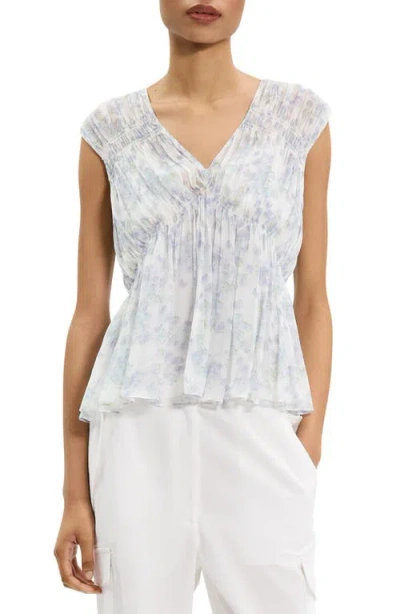 THEORY THEORY RUCHED FLORAL SLEEVELESS SILK TOP