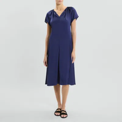 Theory Ruched Midi Dress In Crushed Satin In Sapphire Navy