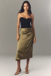 Theory Ruched Satin Midi Skirt In Green