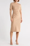 Theory Ruched Side Short Sleeve Dress In Brown