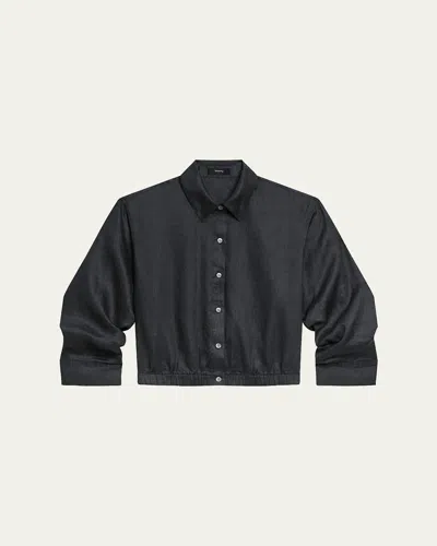 Theory Ruched-sleeve Cropped Linen Shirt In Black