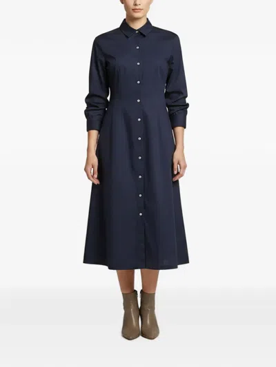 Pre-owned Theory Ruched-sleeve Midi Shirt Dress In Blue