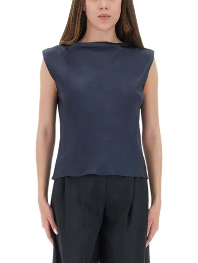 Theory Cowl Neck Top In Silk Georgette In Blue