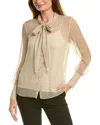 Theory Tie Neck Silk Button-up Shirt In Beige