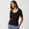 Theory Scoop Neck Top In Textured Cotton-blend In Black