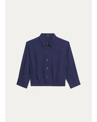 Theory Scrunched-sleeve Cropped Button-front Silk Shirt In Midnight Navy