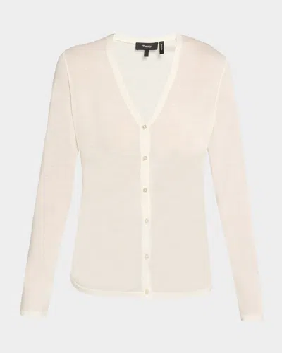 Theory Shirred Fine Wool Cardigan In Pink