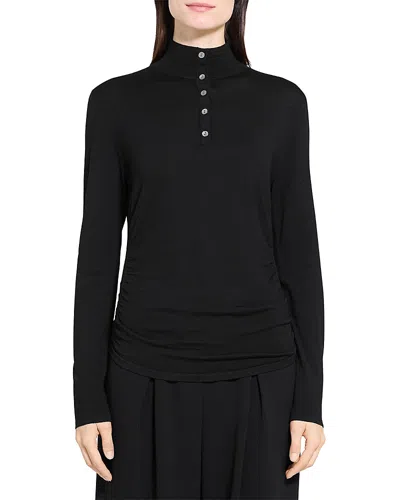 Theory Shirred Mock Neck Merino Wool Top In Black