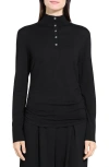 Theory Shirred Mock Neck Merino Wool Top In Black