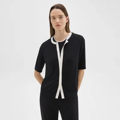 Theory Short-sleeve Cardigan In Regal Wool In Black/new Ivory