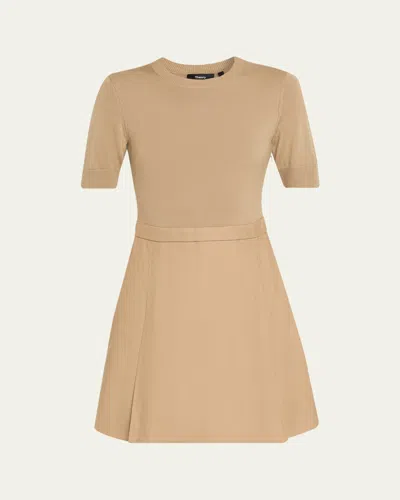 Theory Short-sleeve Combo Mini Dress In Brown