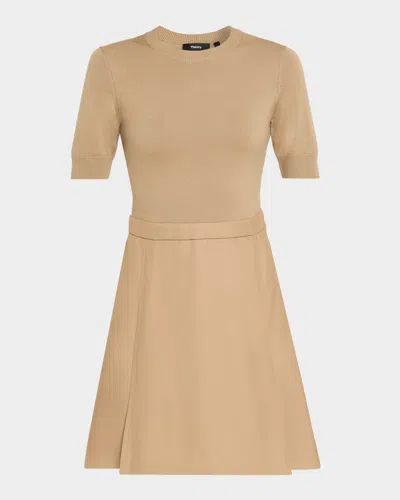 Theory Short-sleeve Combo Mini Dress In Brown