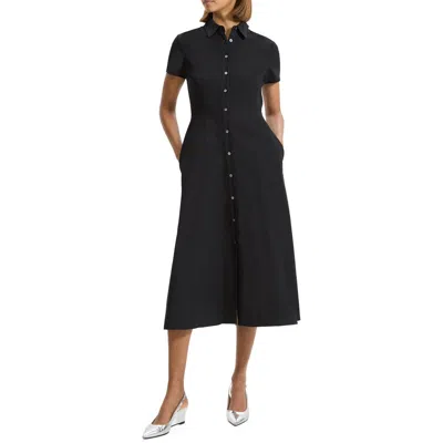 Theory Short Sleeve Linen Blend Midi Shirtdress In Black