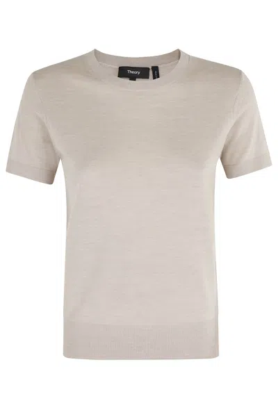 Theory Short-sleeve Round Neck Merino Wool Tee In Neutral