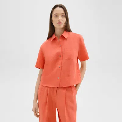 Theory Short-sleeve Shirt In Galena Linen In Bright Coral