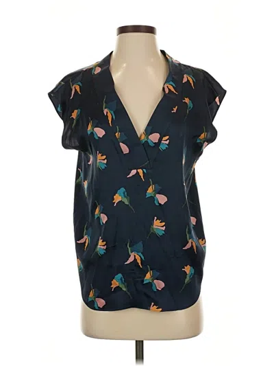 Pre-owned Theory Short Sleeve Silk Top Black Plunge Neckline Tops