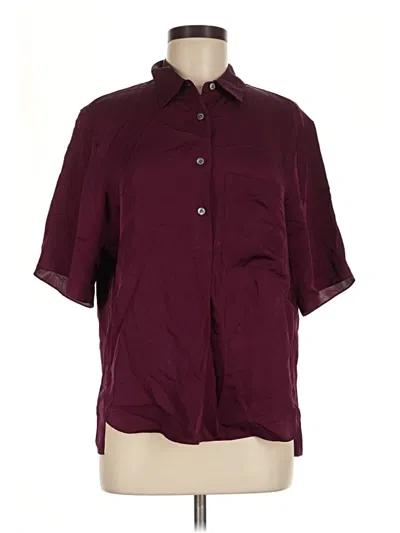 Pre-owned Theory Short Sleeve Silk Top Burgundy Solid Pattern Collared Neckline Tops