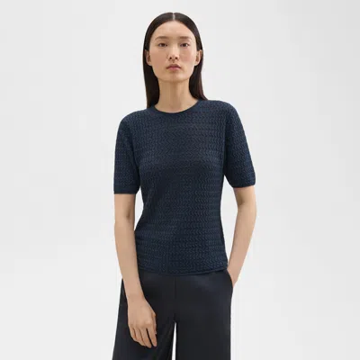 Theory Short-sleeve Sweater In Cable Knit Linen In Nocturne Navy