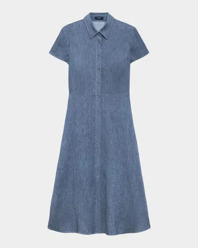 Theory Short-sleeve Button-front Linen-blend Midi Dress In Blue