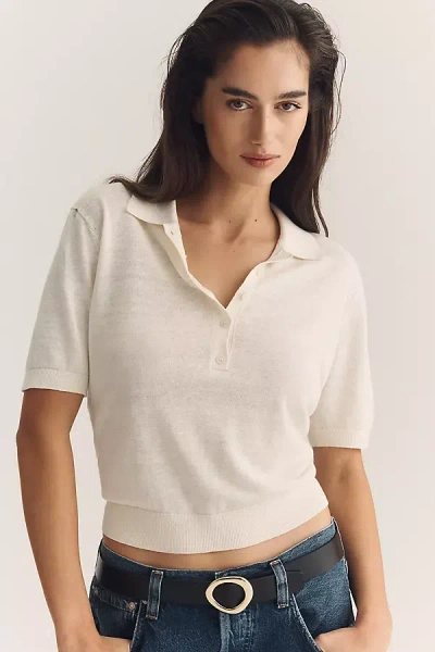 Theory Short-sleeve Collared Sheer Polo Henley Sweater In Neutral