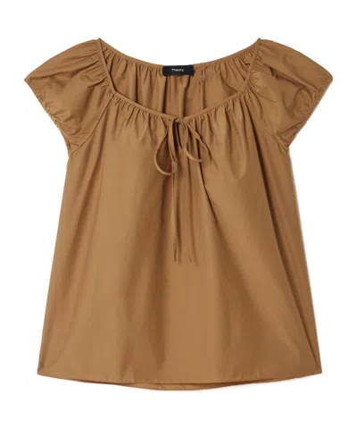 Theory Tie-neck Cotton-blend Poplin Blouse In Brown