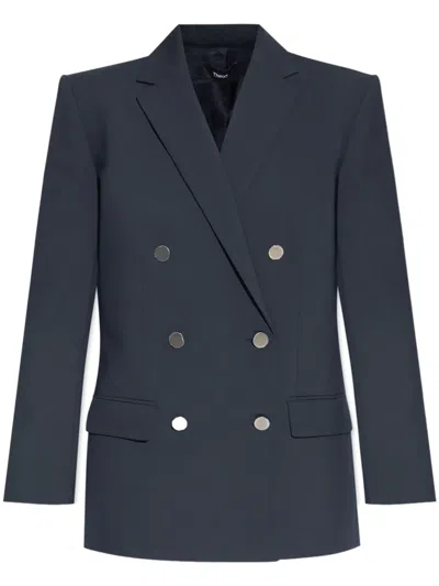 Theory Double-breasted Blazer In Viscose Twill In Nocturne Navy