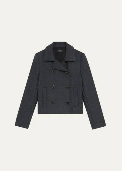 Theory Shrunken Wool Double-breasted Peacoat In Gray