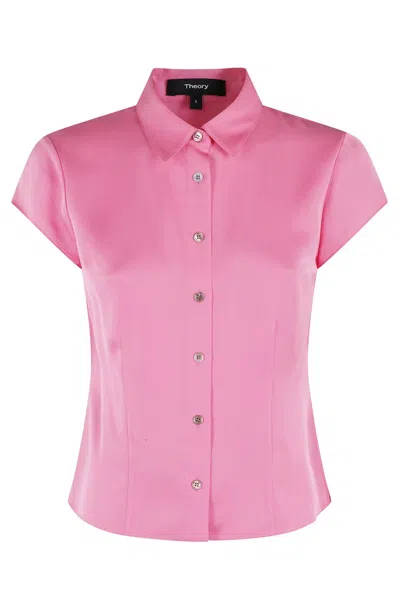 Theory Silk Blouse With Classic Collar And Short Sleeves