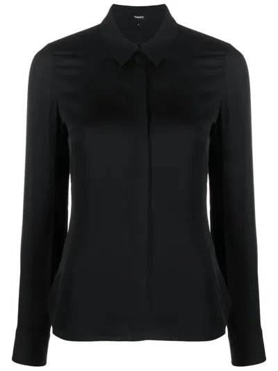 Theory Silk Concealed Placket Shirt In Black