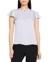 Theory Ruffle-sleeve Silk Button-front Top In Pearl Blue