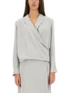 Theory Metallic Blouse With Peak Revers And Crossover Neck In M Platinum