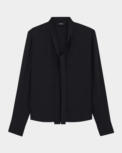 Theory Silk Tie Blouse In Black