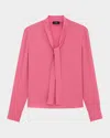 Theory Tie Neck Silk Blouse In Bright Pink