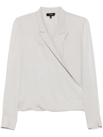 THEORY SILK WRAP BLOUSE WITH DEEP V-NECK