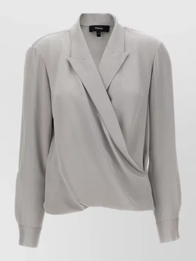 Theory Silk Wrap V-neck Blouse In Gray