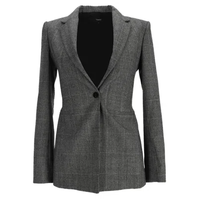 Theory Single-breasted Plaid Slim-fit Blazer In Grey Wool In Gray