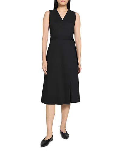 Theory Sleeveless Linen Blend Wrap Dress In Black