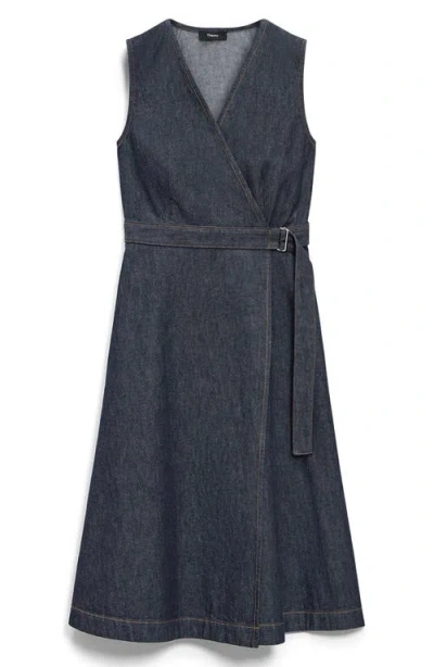 Theory Sleeveless Belted Chambray Wrap Dress In Indigo