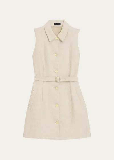 Theory Sleeveless Belted Linen Military Mini Dress In Neutrals
