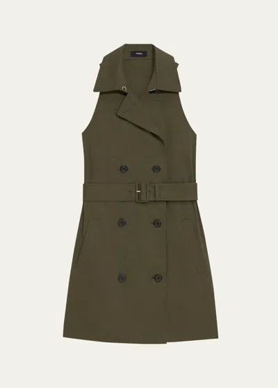 Theory Sleeveless Belted Mini Halter Trench Dress In Dk Olive