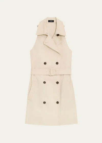 THEORY SLEEVELESS BELTED MINI HALTER TRENCH DRESS