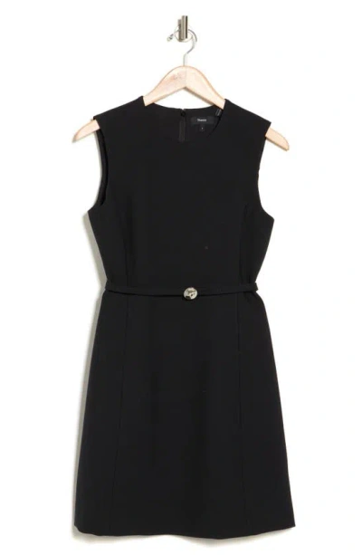 Theory Sleeveless Belted Wool Blend Dress In Black