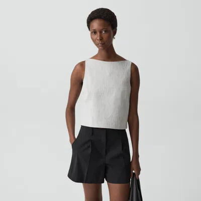Theory Sleeveless Boatneck Top In Textured Linen In White