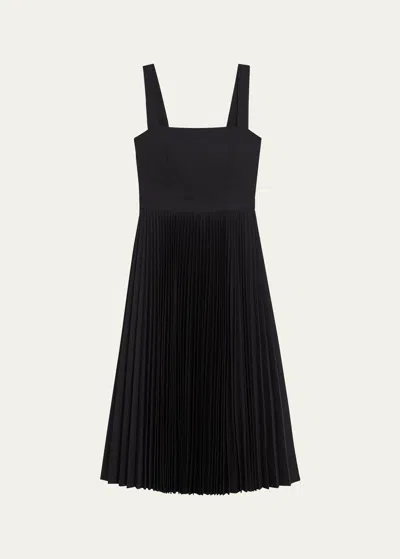 Theory Sleeveless Pleated Square-neck Midi Dress In Blk