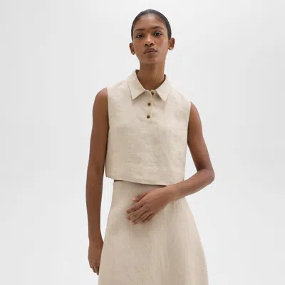 Theory Shantung Silk Sleeveless Crop Polo Top In Straw
